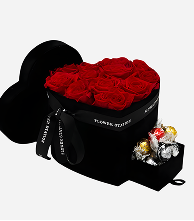 Red Roses in Black Heart Box and Chocolates Gift Set