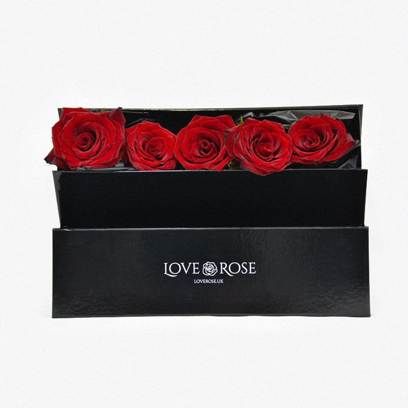 5 luxury red infinity roses in a black box
