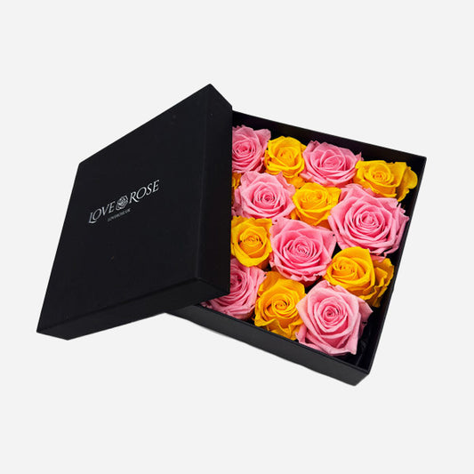 Infinity Pink and Yellow Roses in a Black Box