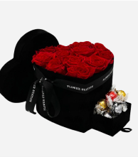 Red Roses in Black Heart Box and Chocolates Gift Set