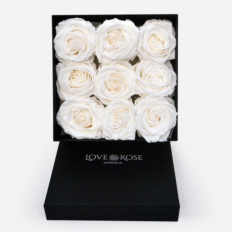 9 Infinity White Roses in a Black Box
