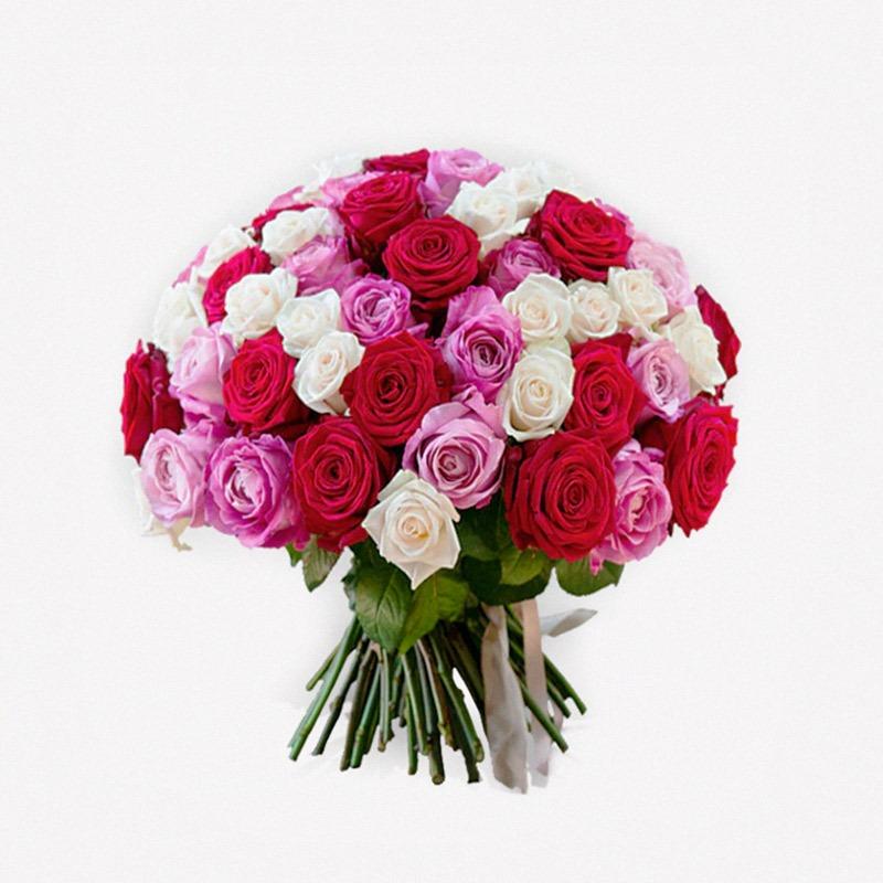 Large luxury rose bouquet hand-tied with white, pink and red long stem roses.