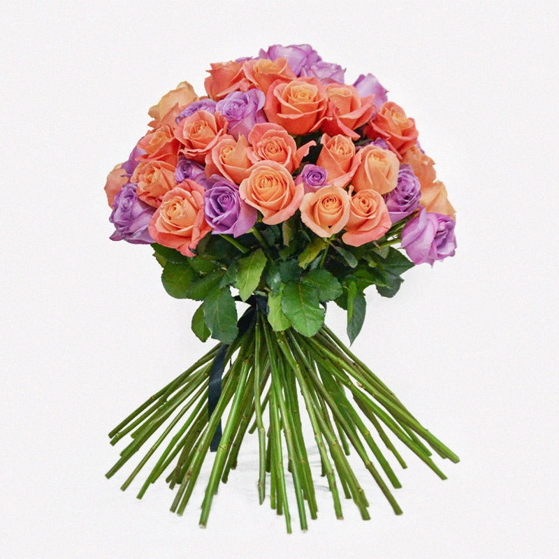 Purple and Orange Roses arranged in a stunning luxury bouquet